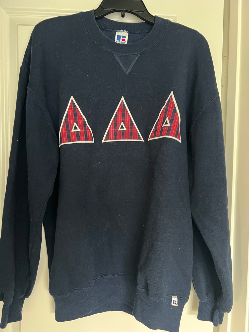 RUSSEL ATHLETIC 🔼🔼🔼 Navy Crewneck Sweatshirt Red Plaid Triangle Appliqués Sz XL
